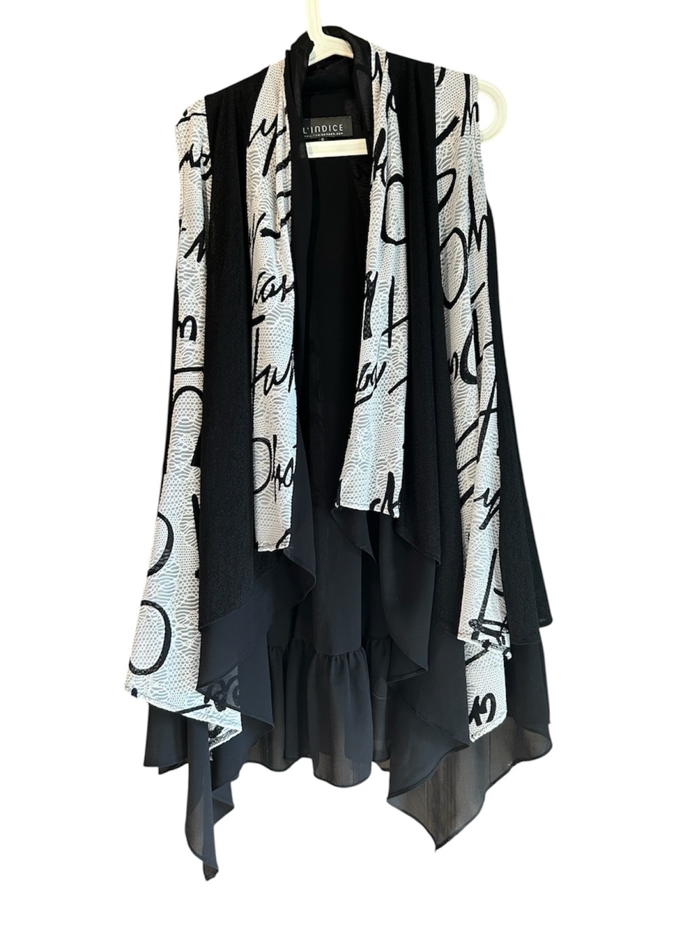 Black & White Script Draped Open-Front Vest